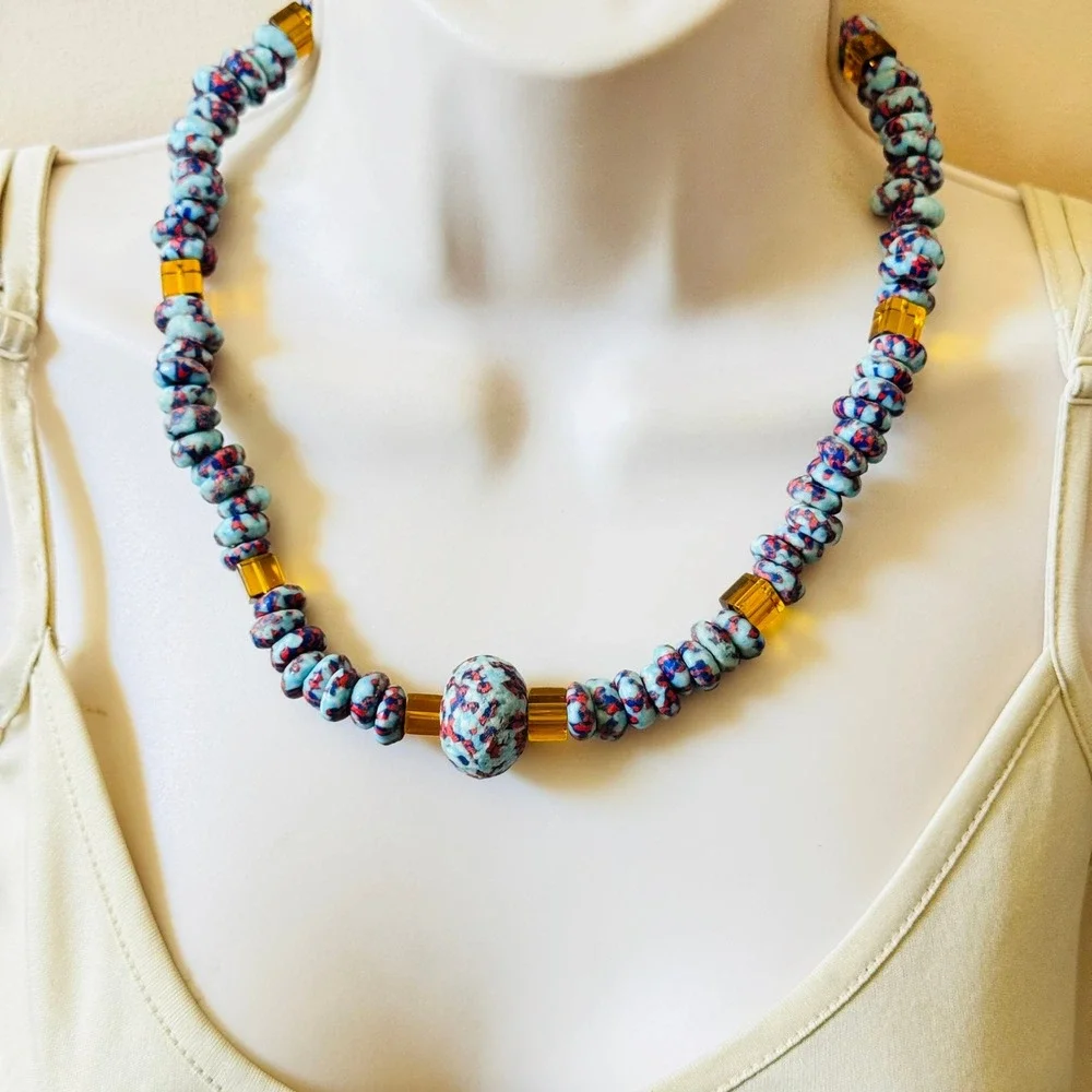 VTG African Trade Art Glass beads Necklace Blue Collar Beaded Confetti Statement